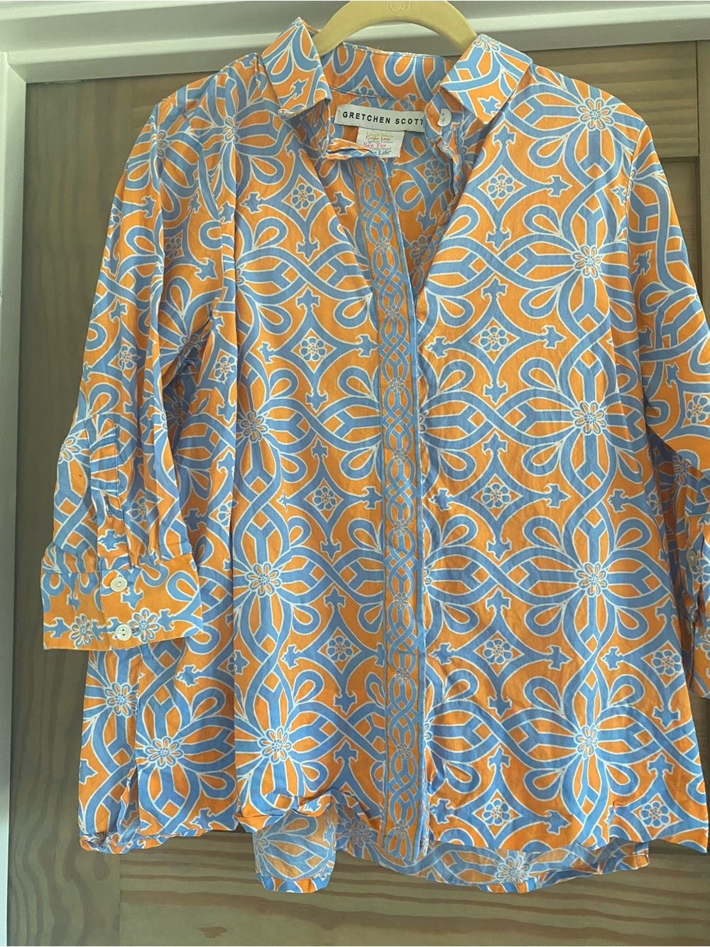 Gretchen Scott Designs Orange and Blue Geometric Floral Button-Down Top